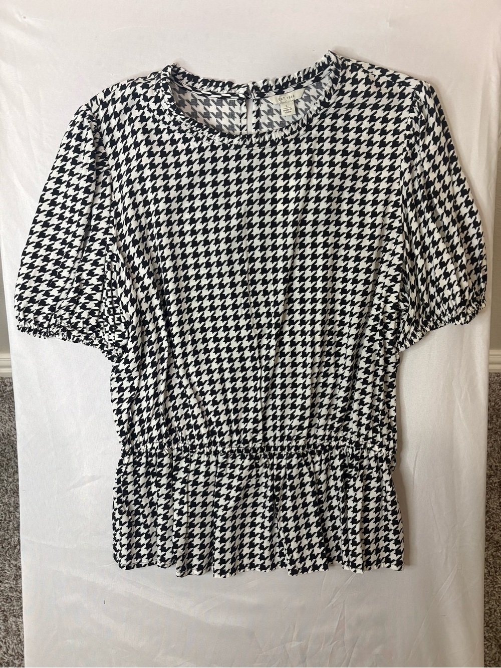 Black & White Houndstooth Peplum Short Sleeve Blouse